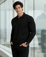 Men's Solid Black Matty Full sleeve Polo Regular T-Shirt