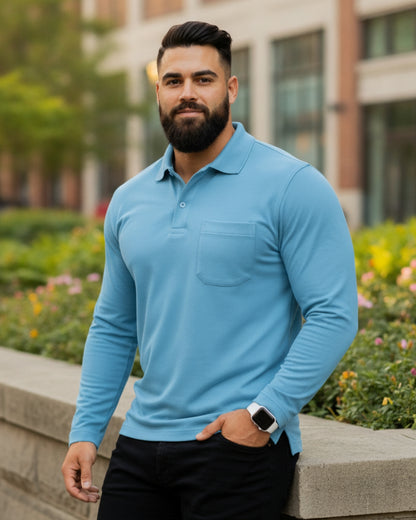 Men's Solid Sky Blue Matty Full Sleeve Polo Regular T-Shirt