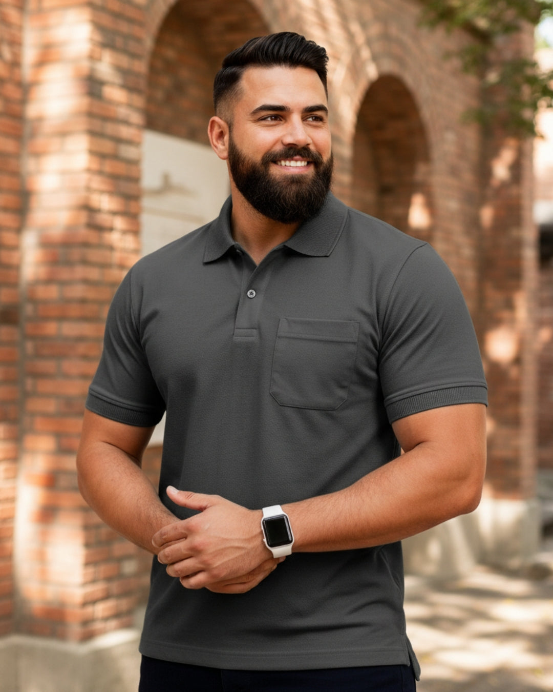 Men Plus size Polo Collar Pockets Dark Gray T-shirt