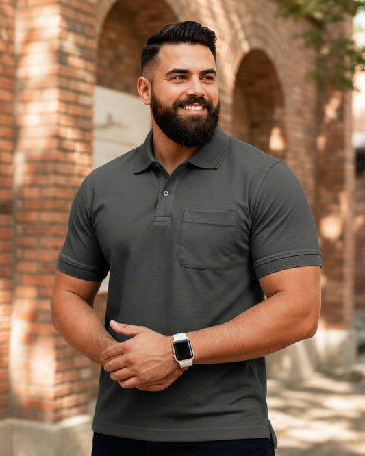 Men Plus size Polo Collar Pockets Dark Gray T-shirt