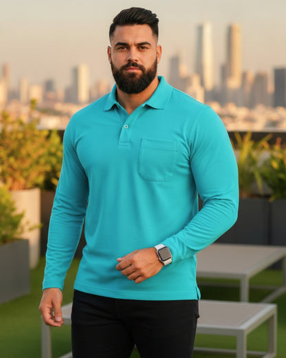 Men's Solid Aqua Matty Full sleeve Polo Regular T-Shirt