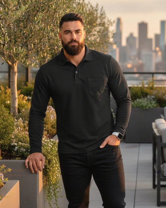 Men's Solid Black Matty Full sleeve Polo Regular T-Shirt