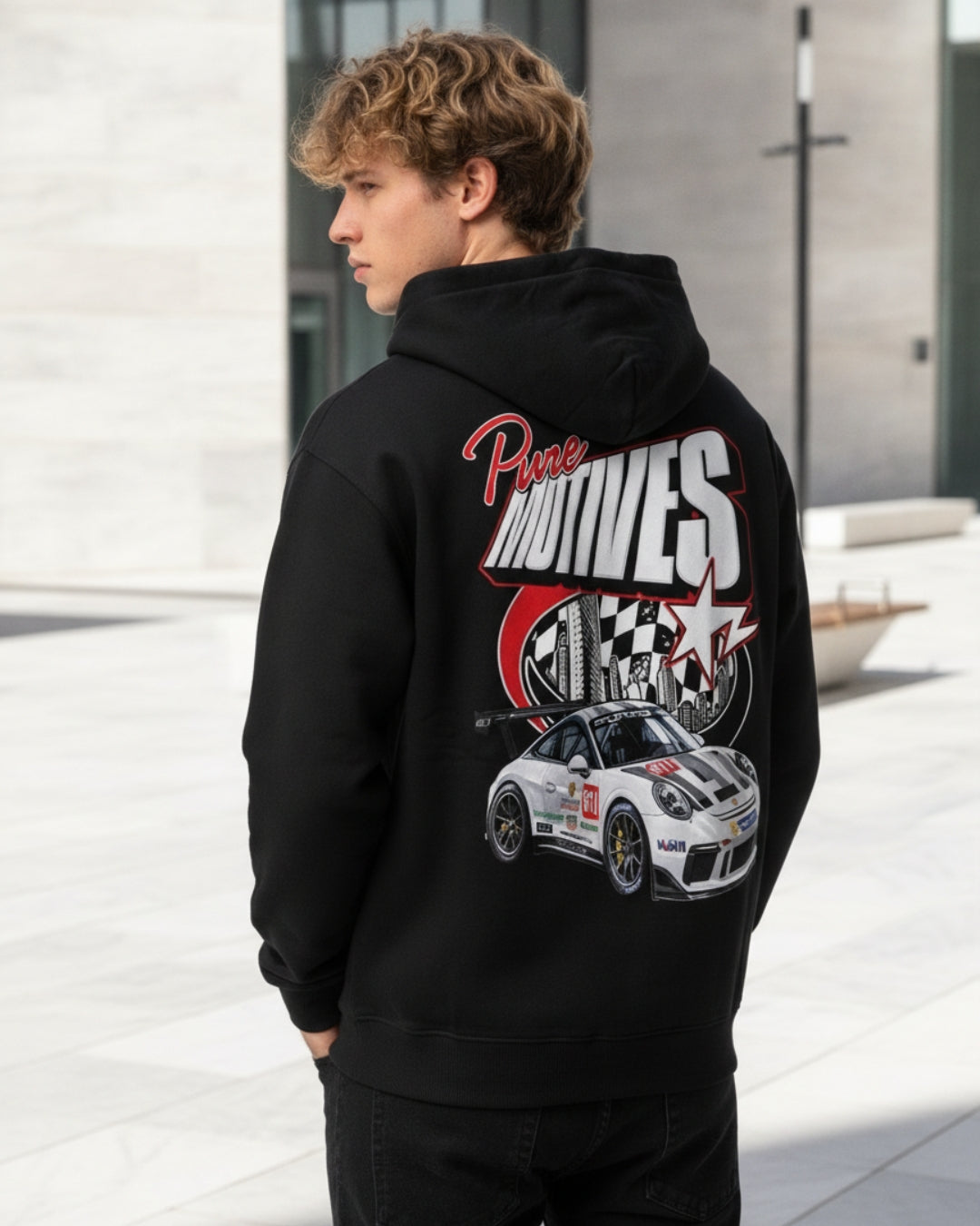 Sman's Solid Black Cotton Crew Neck Oversized Printed Hoodie For Men