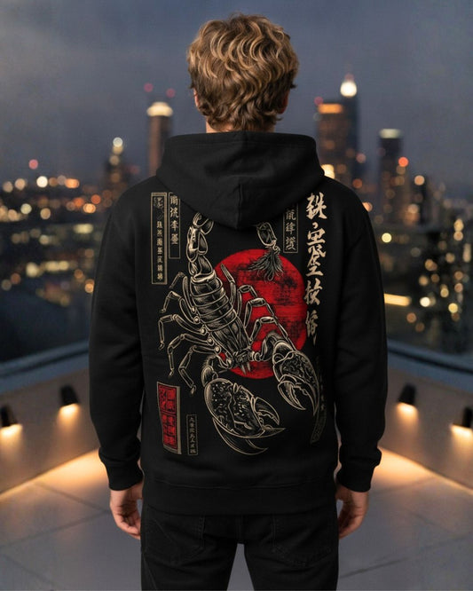 Sman's Solid Black Cotton Crew Neck Oversized Printed Hoodie For Men