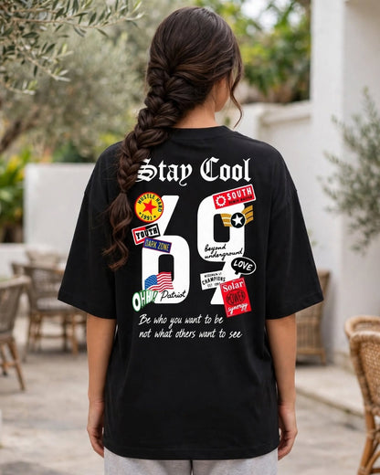 Sman's Solid Black Cotton Crew Neck Oversized Printed T-Shirt For Women