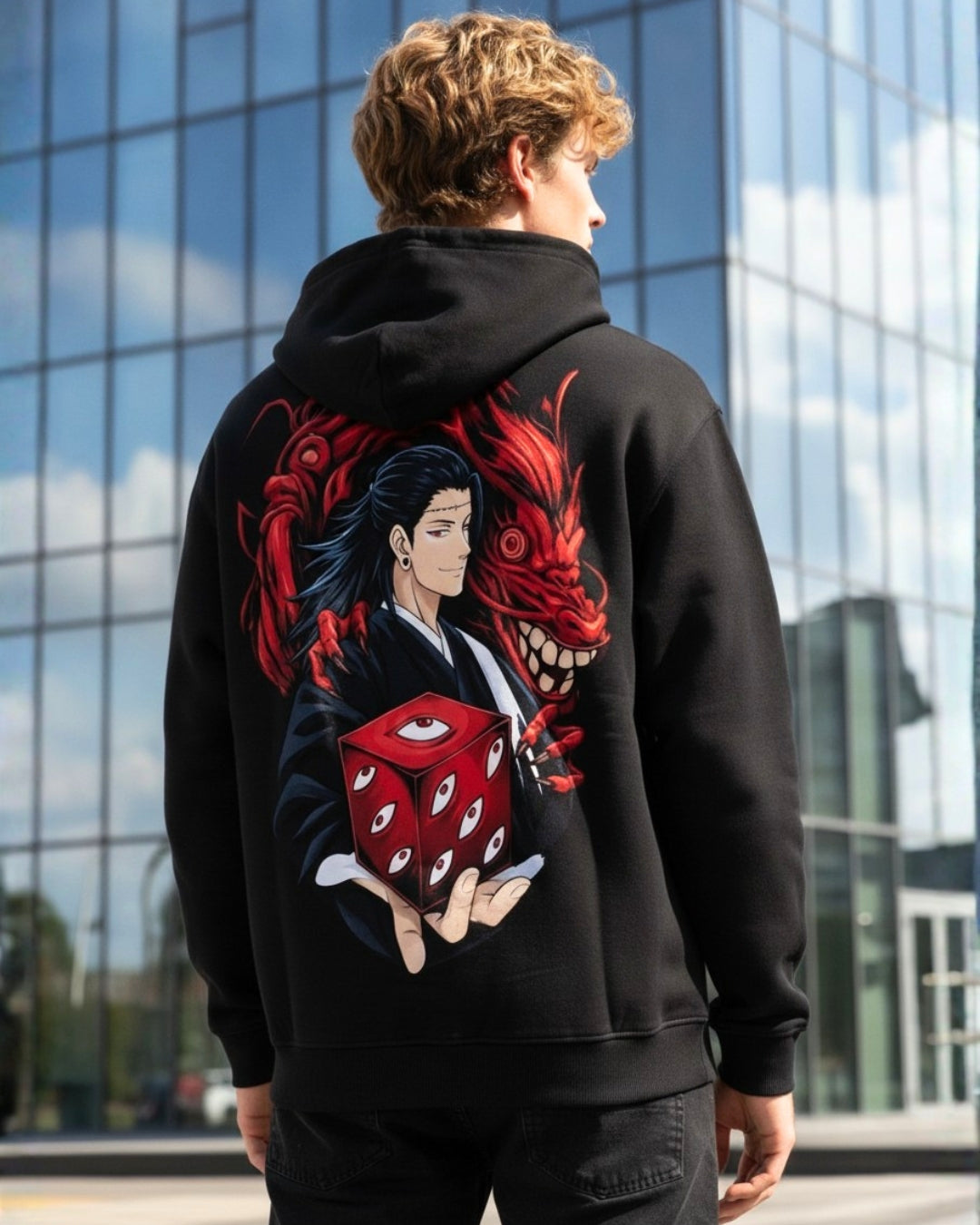 Sman's Solid Black Cotton Crew Neck Oversized Printed Hoodie For Men