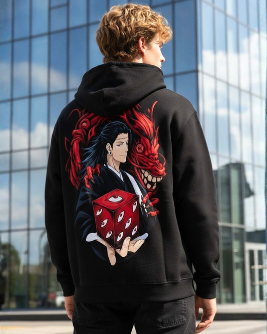 Sman's Solid Black Cotton Crew Neck Oversized Printed Hoodie For Men