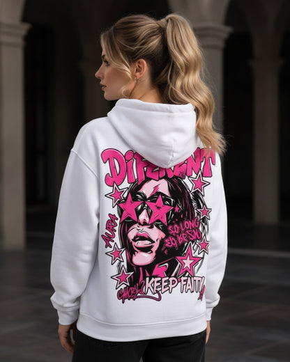Sman's Solid White Cotton Crew Neck Oversized Printed Hoodie For Women