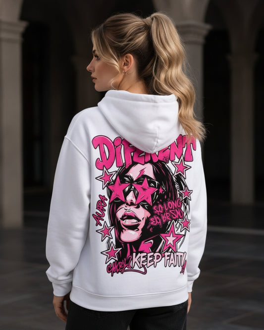 Sman's Solid White Cotton Crew Neck Oversized Printed Hoodie For Women