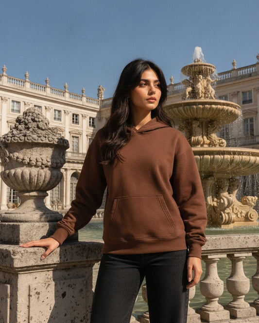 Women's Solid Brown Cotton Full Sleeve Oversized Hoodie