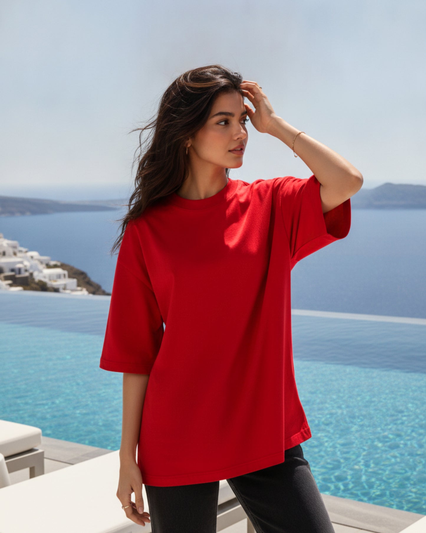 Women Solid Red Cotton  Half Sleeve Crew Neck Oversized T-Shirt