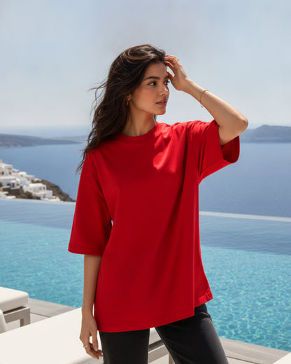 Women Solid Red Cotton  Half Sleeve Crew Neck Oversized T-Shirt
