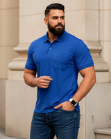 Men Plus size Polo Collar Pockets Royal Blue T-shirt