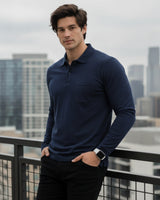 Men's Solid Navy Blue Matty Full sleeve Polo Regular T-Shirt