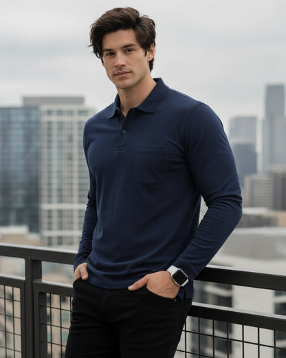 Men's Solid Navy Blue Matty Full sleeve Polo Regular T-Shirt