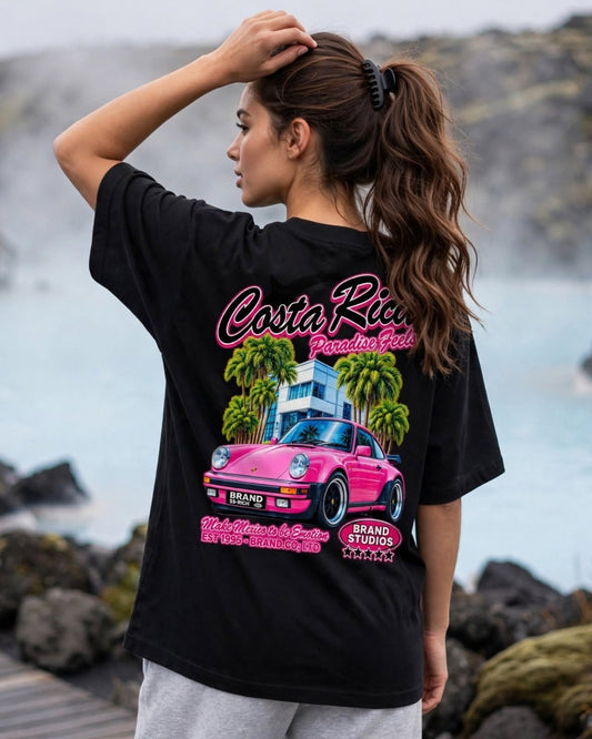 Sman's Solid Black Cotton Crew Neck Oversized Printed T-Shirt For Women