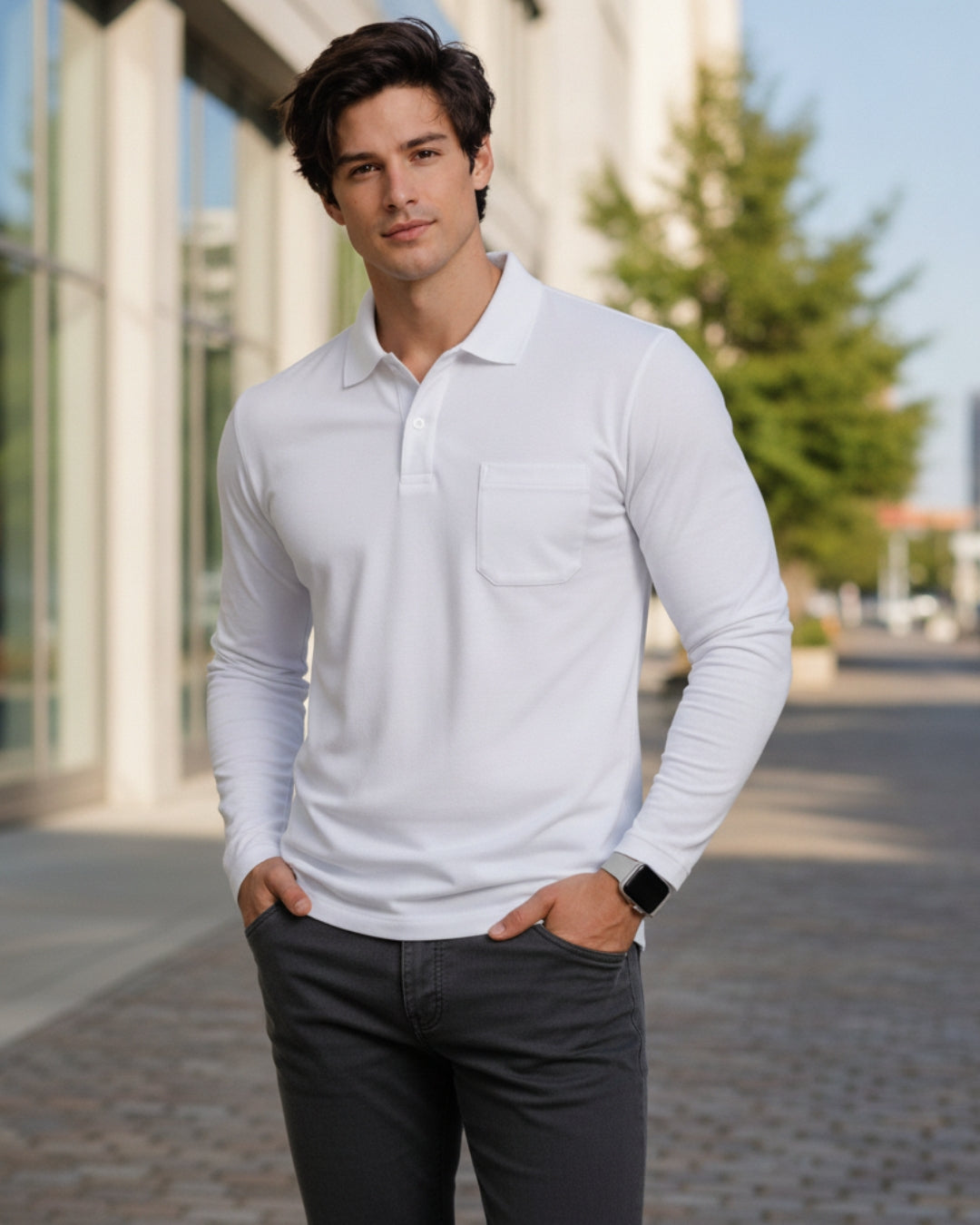 Men's Solid White Matty Full sleeve  Polo Regular T-Shirt