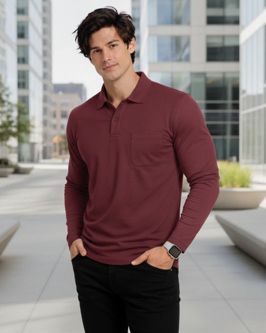Men's Solid Maroon Matty Full sleeve Polo Regular T-Shirt