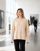 Women's Solid Beige Oversized Long Sleeve Crew Neck Regular T-Shirt