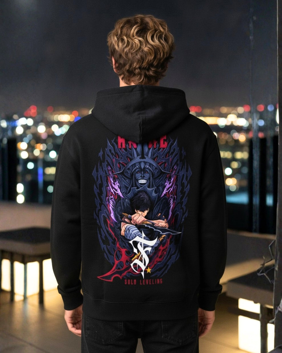 Sman's Solid Black Cotton Crew Neck Oversized Printed Hoodie For Men