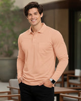 Men's Solid Peach Matty Full sleeve Polo Regular T-Shirt