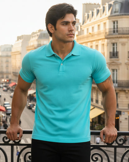 Men's Solid Aqua Matty Half Sleeve Polo Regular T-Shirt