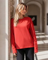 Women's Solid Red Oversized Long Sleeve Crew Neck Regular T-Shirt