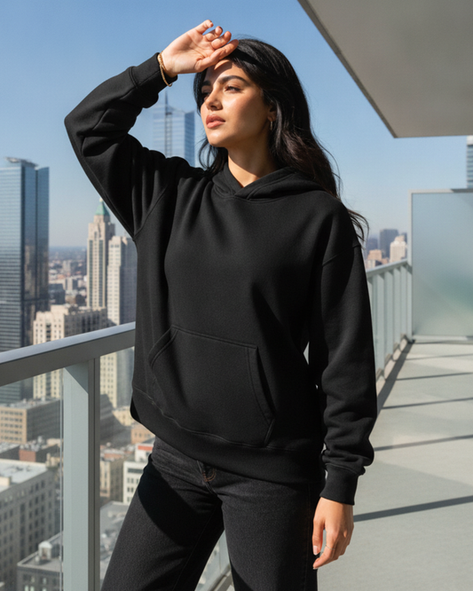Women's Solid Black Cotton Full Sleeve Oversized Hoodie