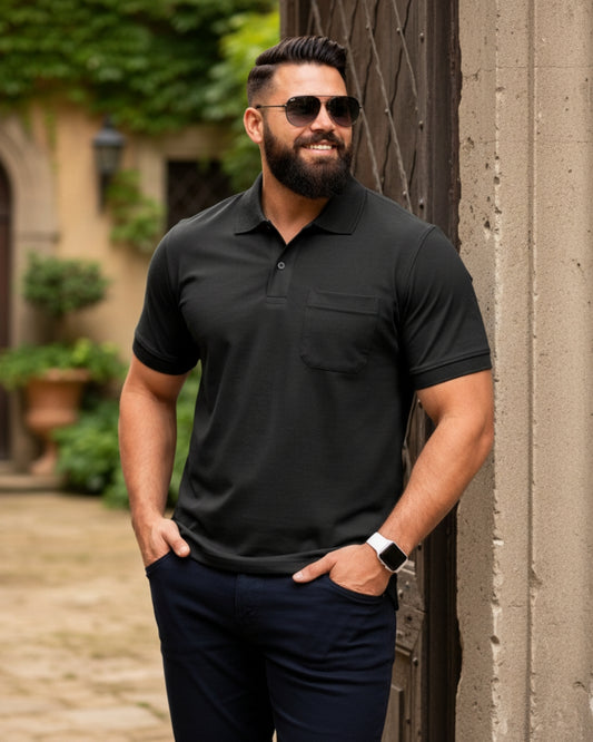 Men Plus size Polo Collar Pockets Black T-shirt