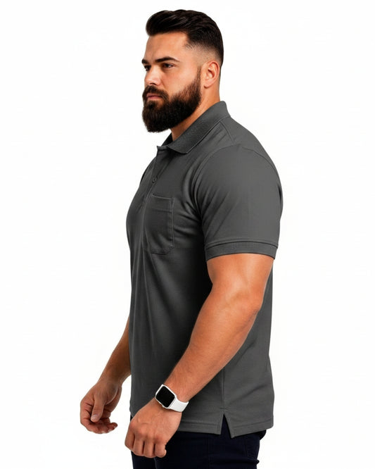Men Plus size Polo Collar Pockets Dark Gray T-shirt
