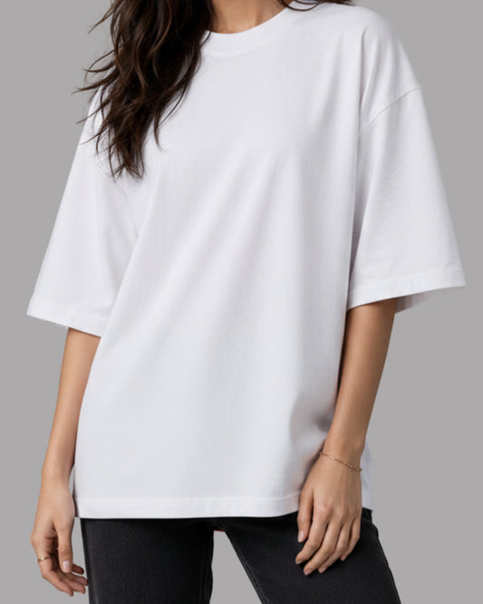 Women Solid White Cotton Half Sleeve Crew Neck Oversized T-Shirt