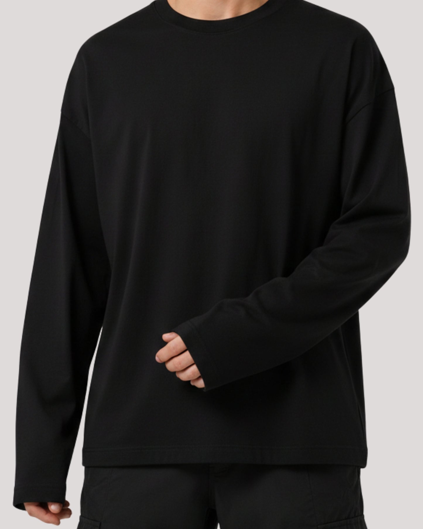 Men's Solid Black Cotton Long Sleeve Crew Neck Oversized T-Shirt