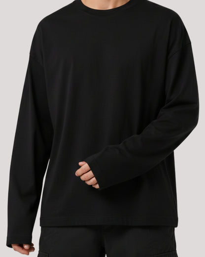 Men's Solid Black Cotton Long Sleeve Crew Neck Oversized T-Shirt