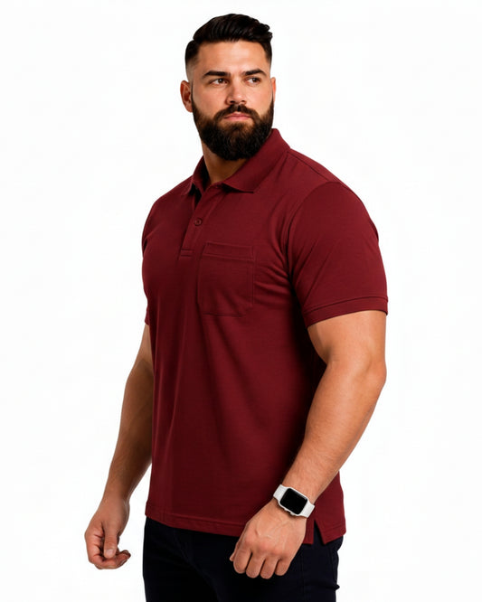 Men Plus size Polo Collar Pockets Maroon T-shirt