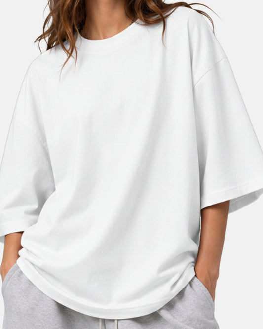 Sman's Solid White Cotton Crew Neck Oversized Printed T-Shirt For Women