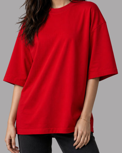 Women Solid Red Cotton  Half Sleeve Crew Neck Oversized T-Shirt
