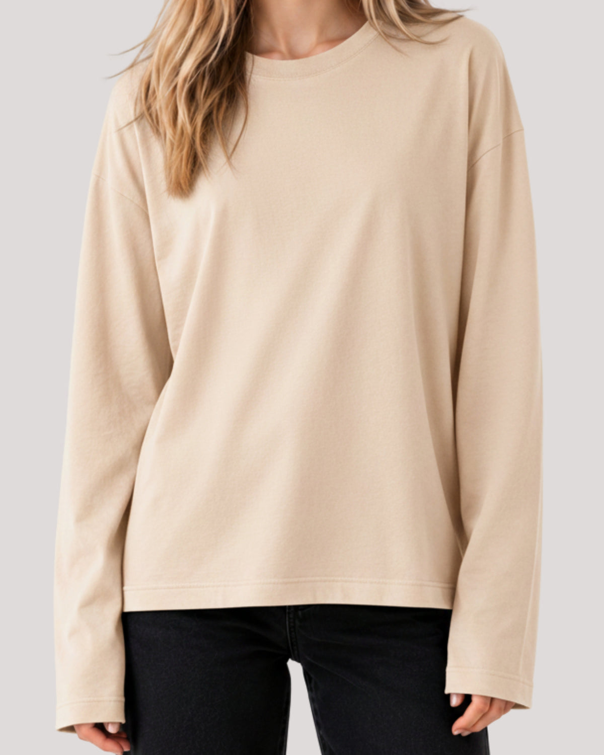 Women's Solid Beige Oversized Long Sleeve Crew Neck Regular T-Shirt