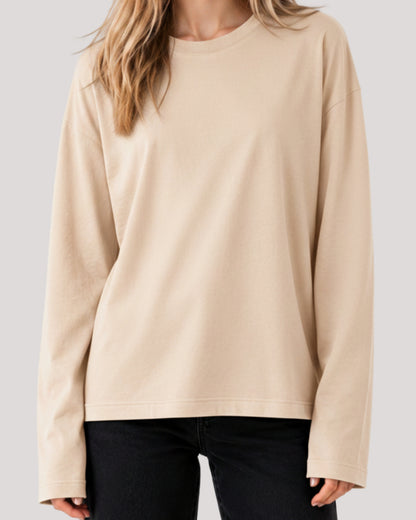 Women's Solid Beige Oversized Long Sleeve Crew Neck Regular T-Shirt