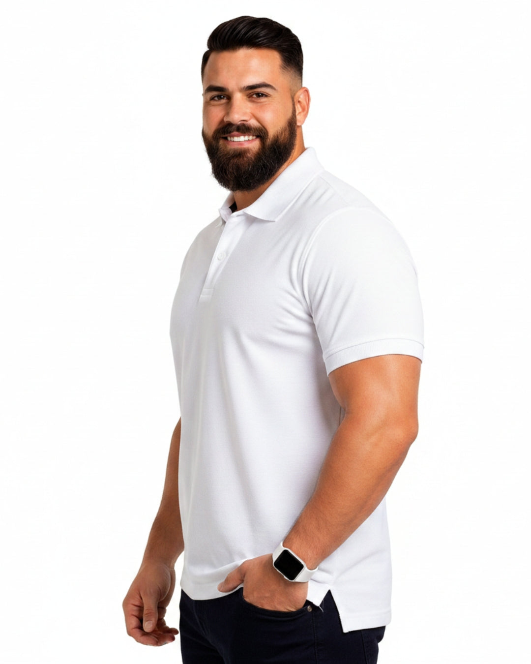 Men Plus size Polo Collar Pockets White T-shirt