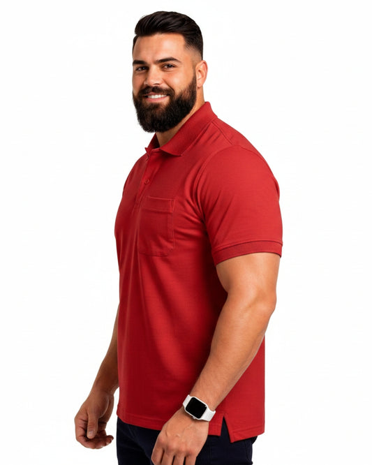 Men Plus size Polo Collar Pockets Red T-shirt