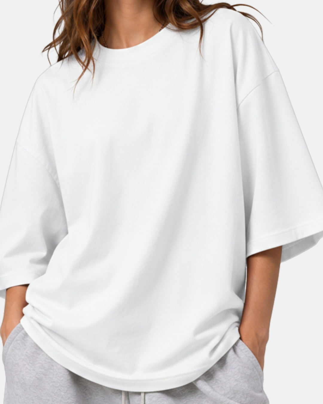 Sman's Solid White Cotton Crew Neck Oversized Printed T-Shirt For Women