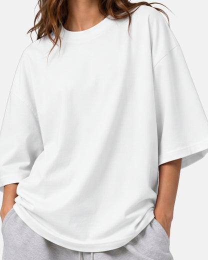 Sman's Solid White Cotton Crew Neck Oversized Printed T-Shirt For Women