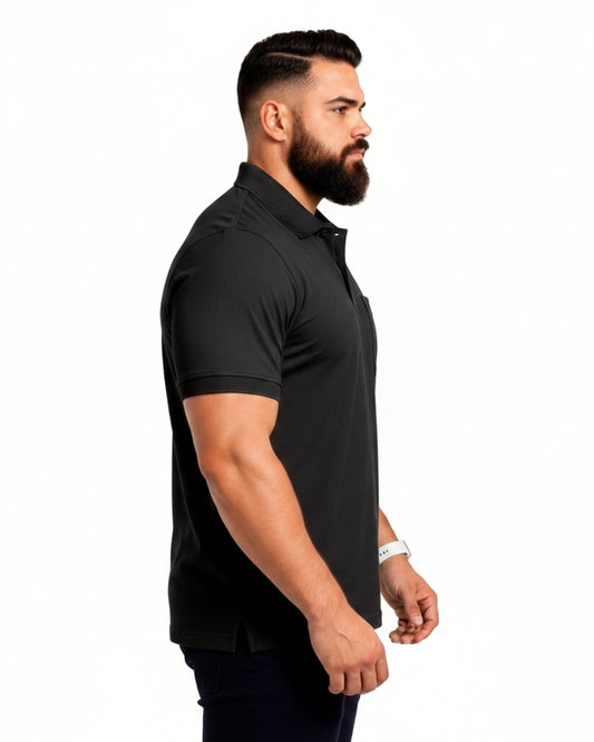 Men Plus size Polo Collar Pockets Black T-shirt