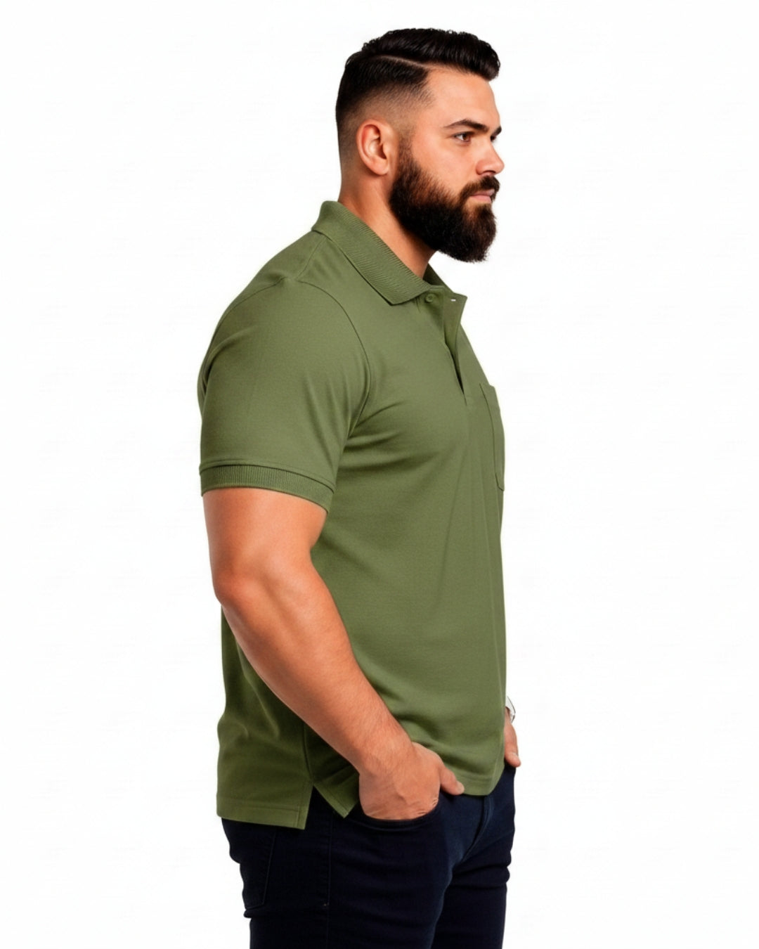 Men Plus size Polo Collar Pockets Mehndi T-shirt