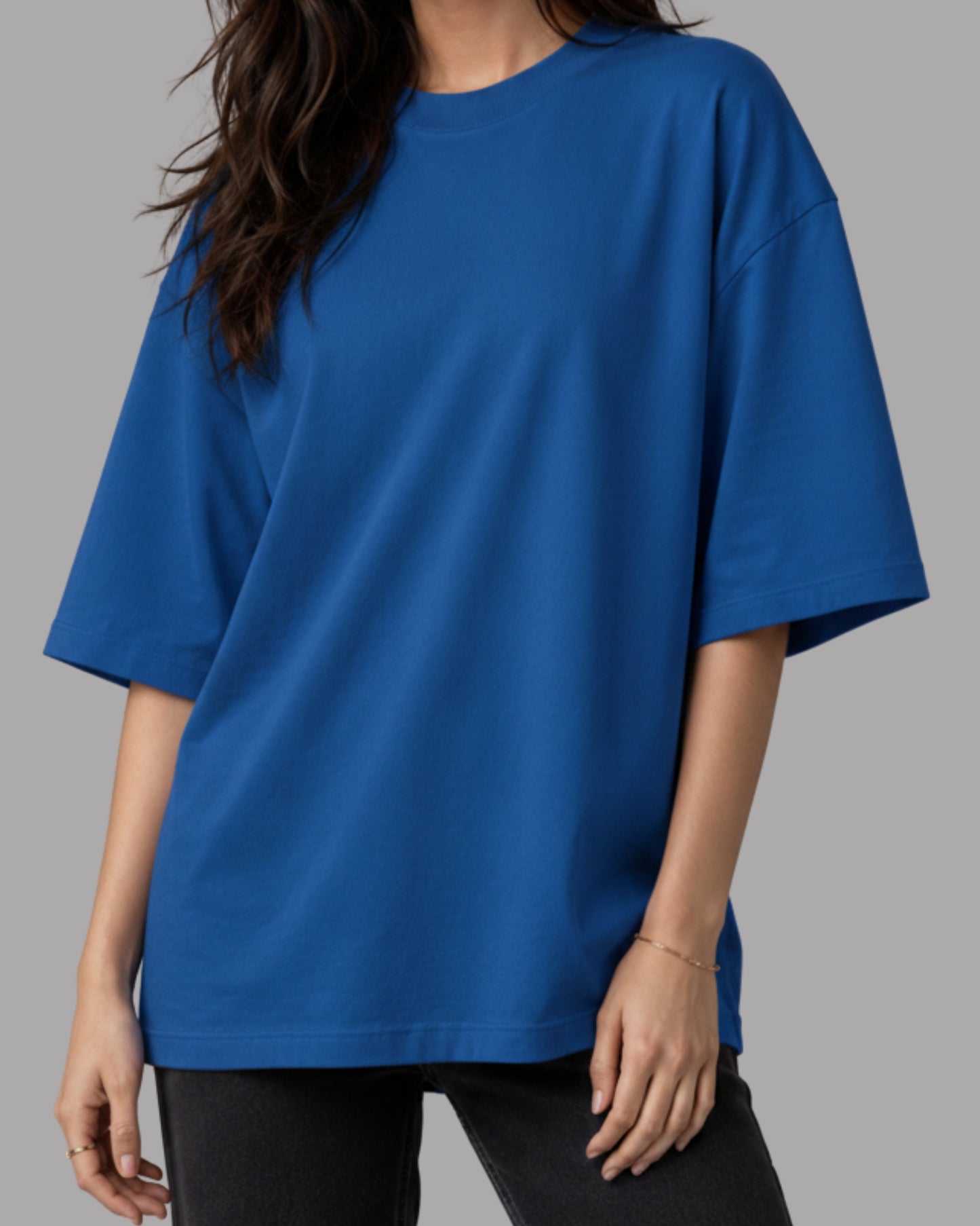 Women Solid Royal Blue Cotton  Half Sleeve Crew Neck Oversized T-Shirt