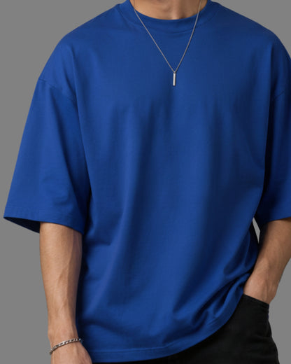 Men's Solid Royal Blue Cotton  Half Sleeve Crew Neck Oversized T-Shirt