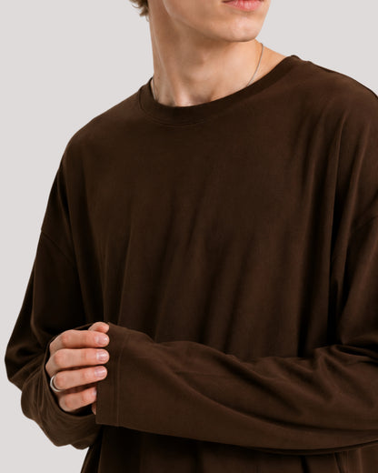Men's Solid Brown Oversized Long Sleeve Crew Neck Regular T-Shirt