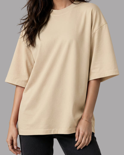 Women Solid Beige Cotton  Half Sleeve Crew Neck Oversized T-Shirt