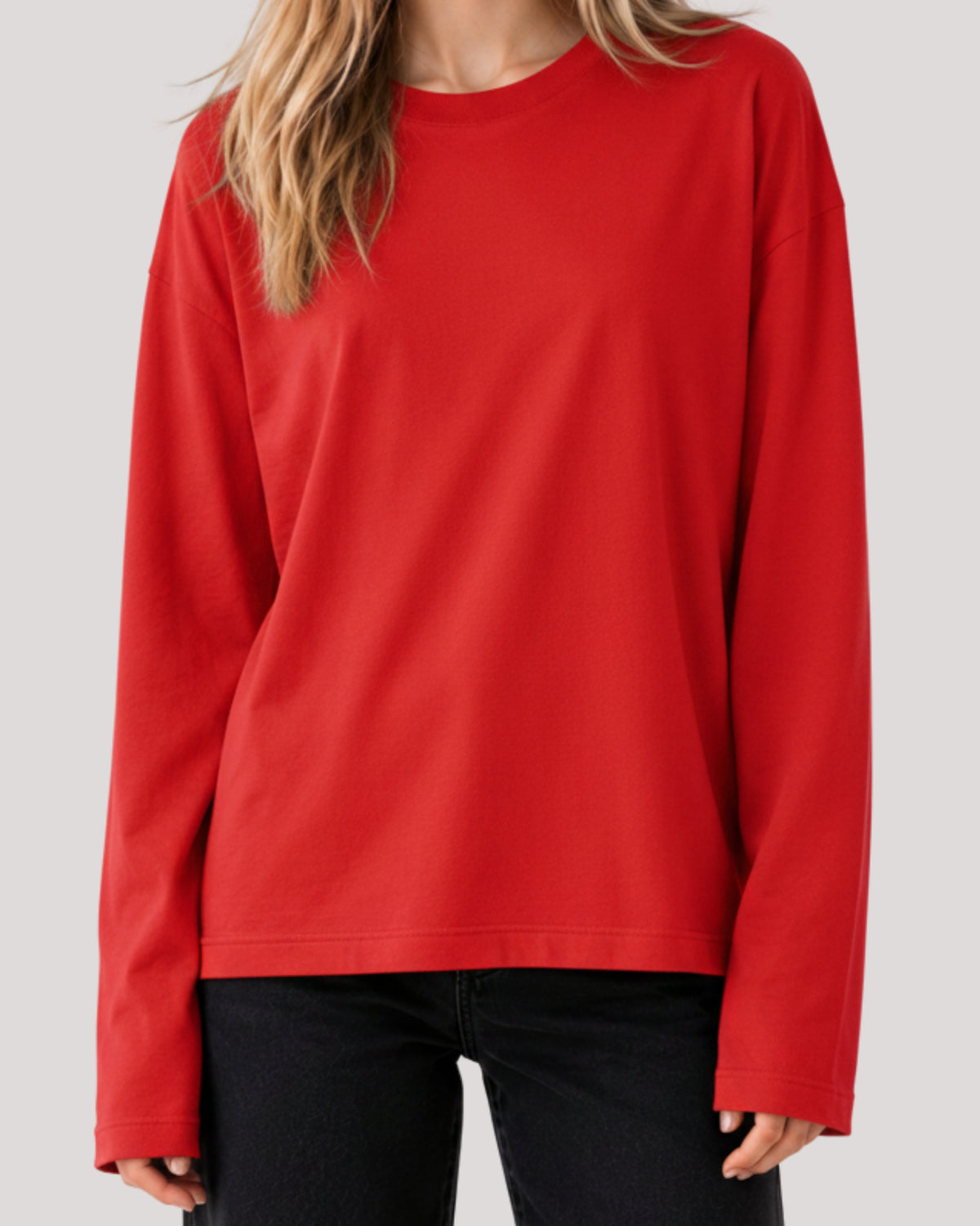 Women's Solid Red Oversized Long Sleeve Crew Neck Regular T-Shirt