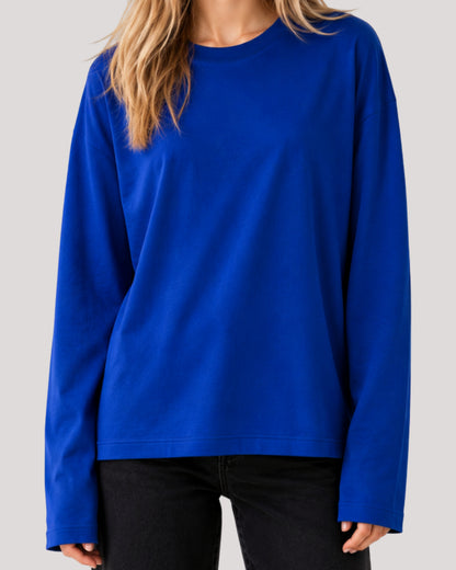 Women's Solid Royal Blue Oversized Long Sleeve Crew Neck Regular T-Shirt